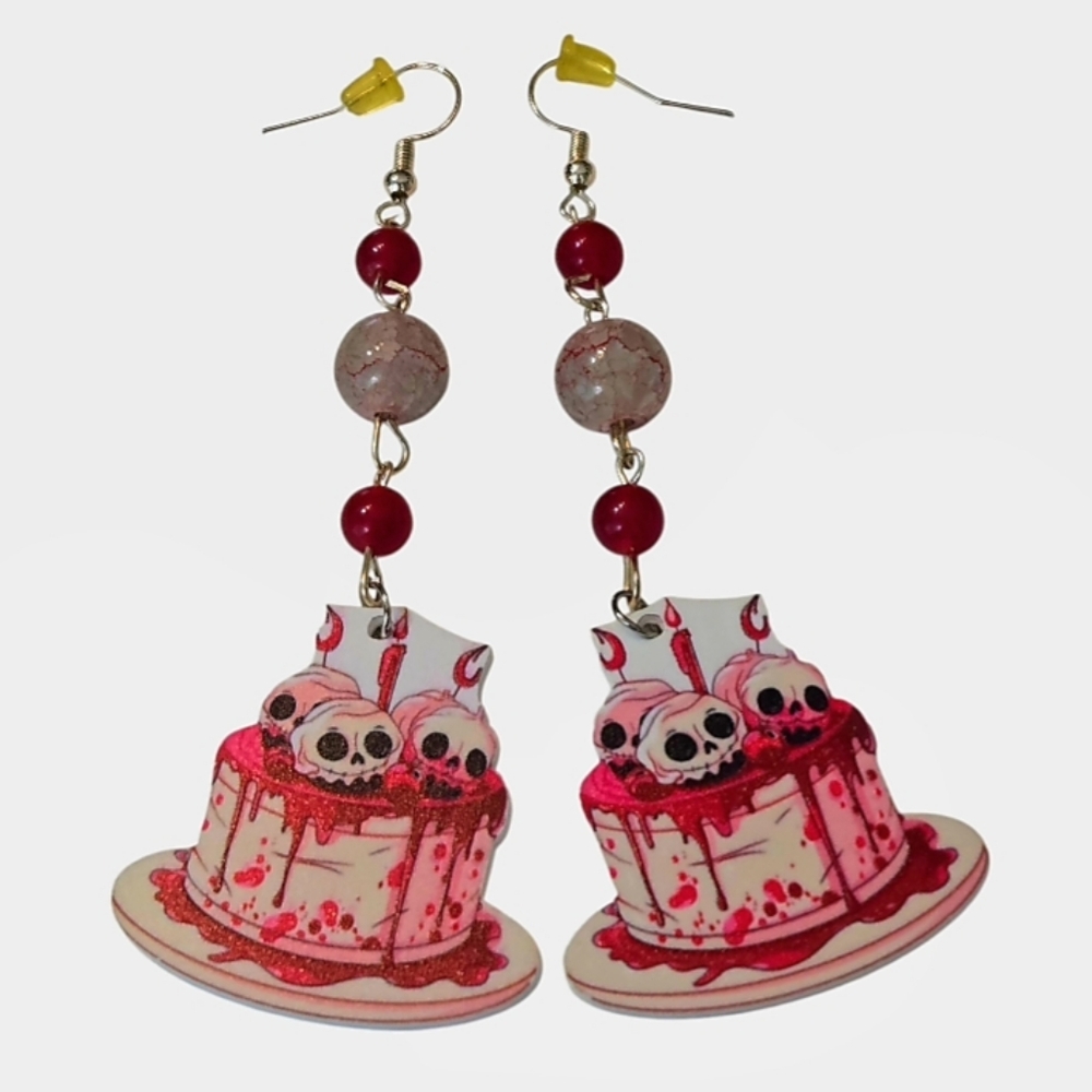 Skull Cake Earrings W/Cracked & Red Agate Beads Hypoallergenic Hooks NWOT
